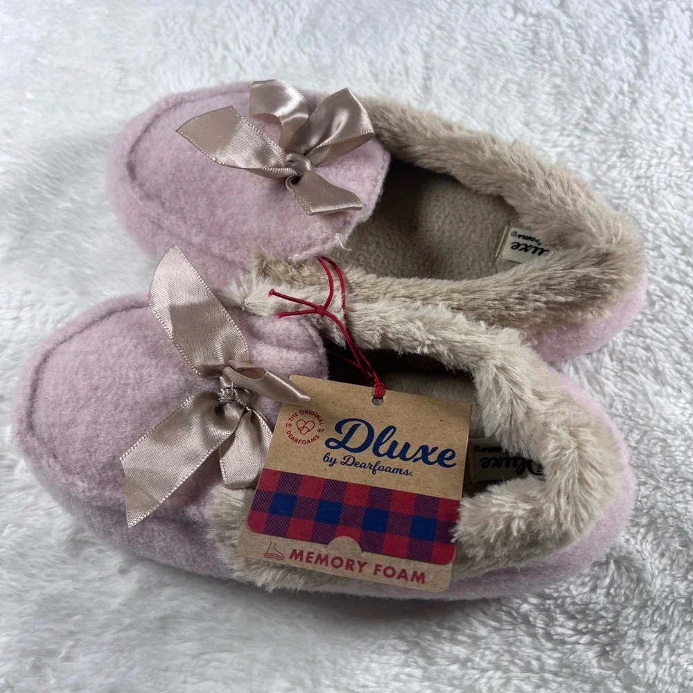 Dearfoams‎ Deluxe Memory Foam Slippers Pink Fuzzy Bow Plush Cozy Kids NWT